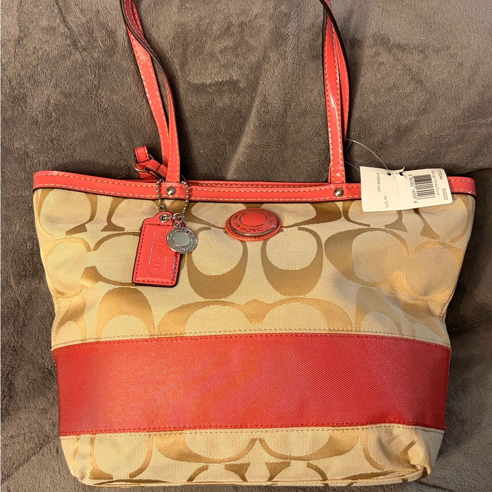 Coach Khaki Canvas Tote with Coral Trim